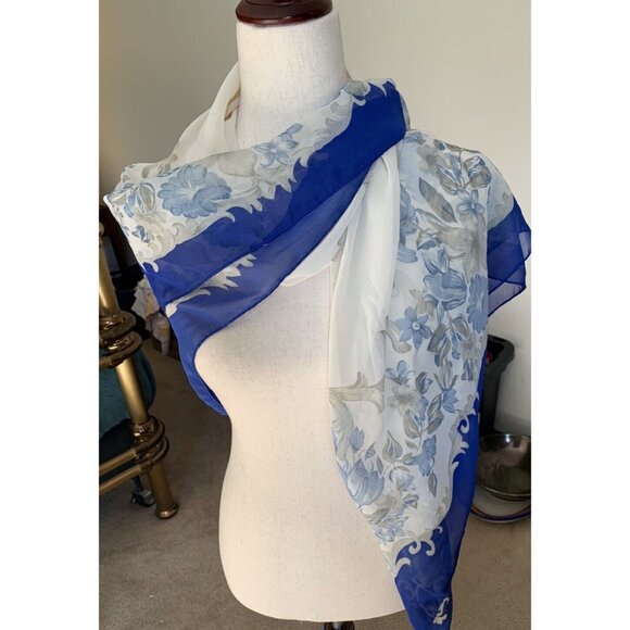 Vintage El Haga Spain Art Scarf Sheer Royal Blue Scroll floral GORGEOUS 38" Sq - Picture 9 of 9